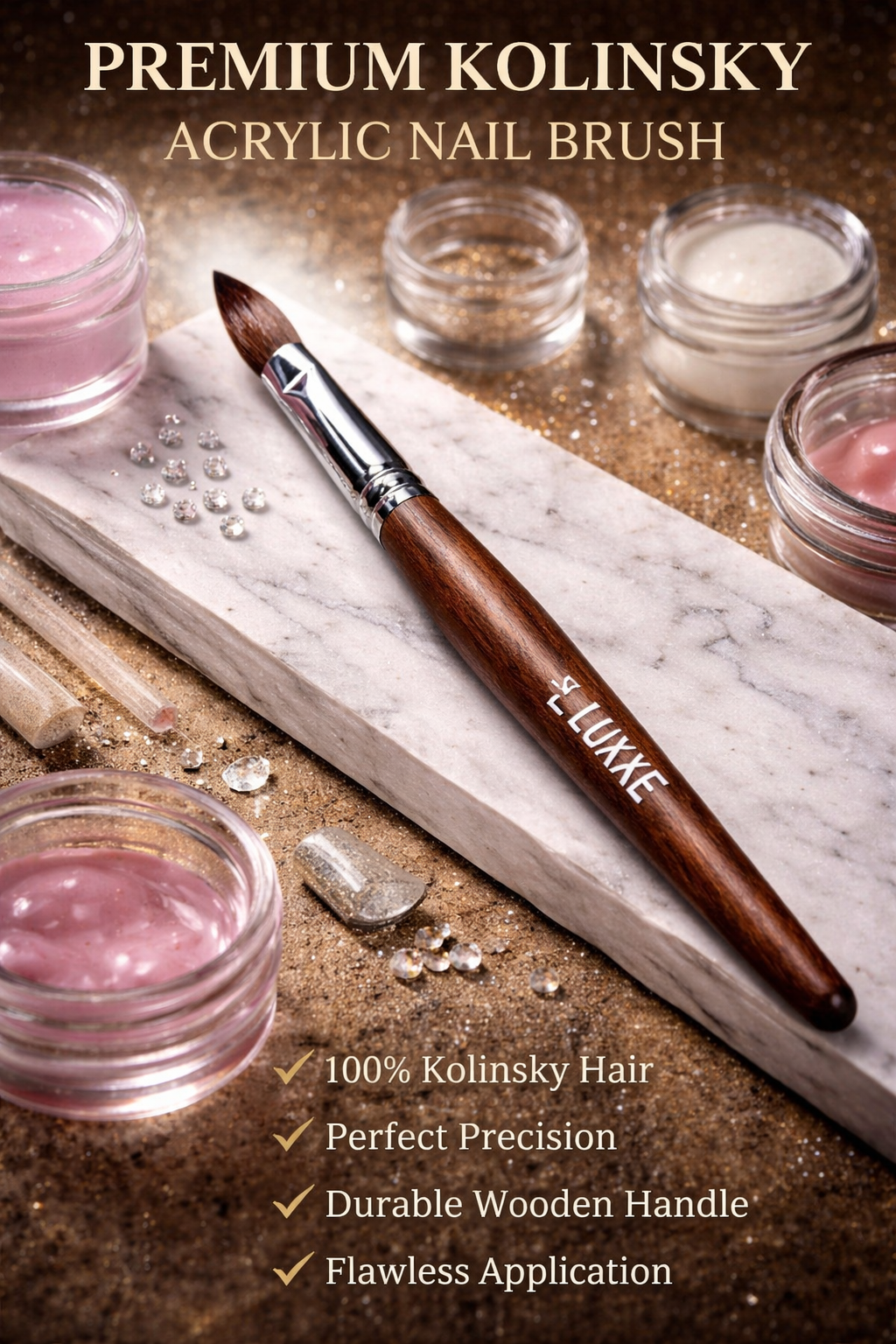 Luxxe 100% Kolinsky Acrylic Nail Brush Premium Precision Non-Crimped or Crimped