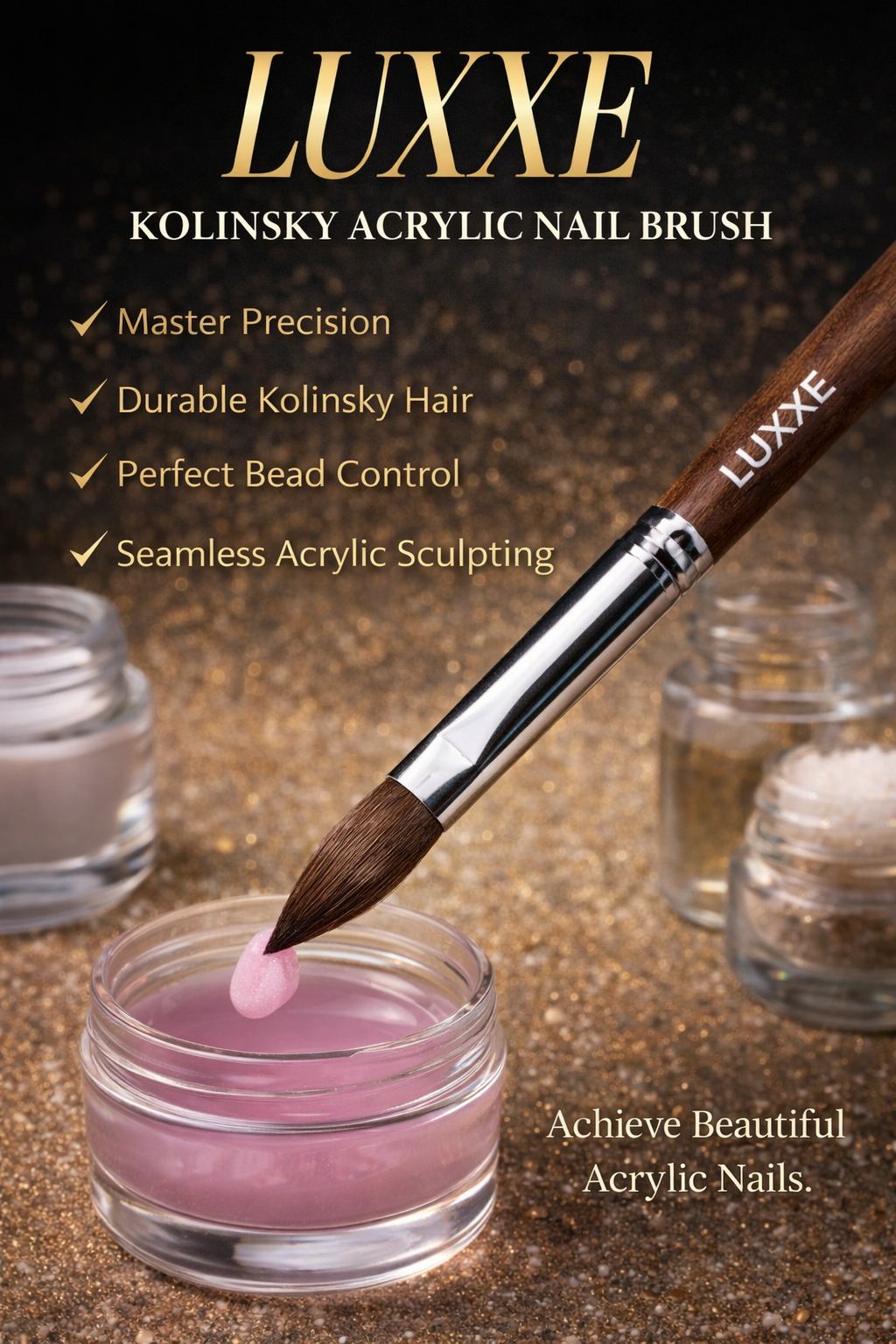 Luxxe 100% Kolinsky Acrylic Nail Brush Premium Precision Non-Crimped or Crimped