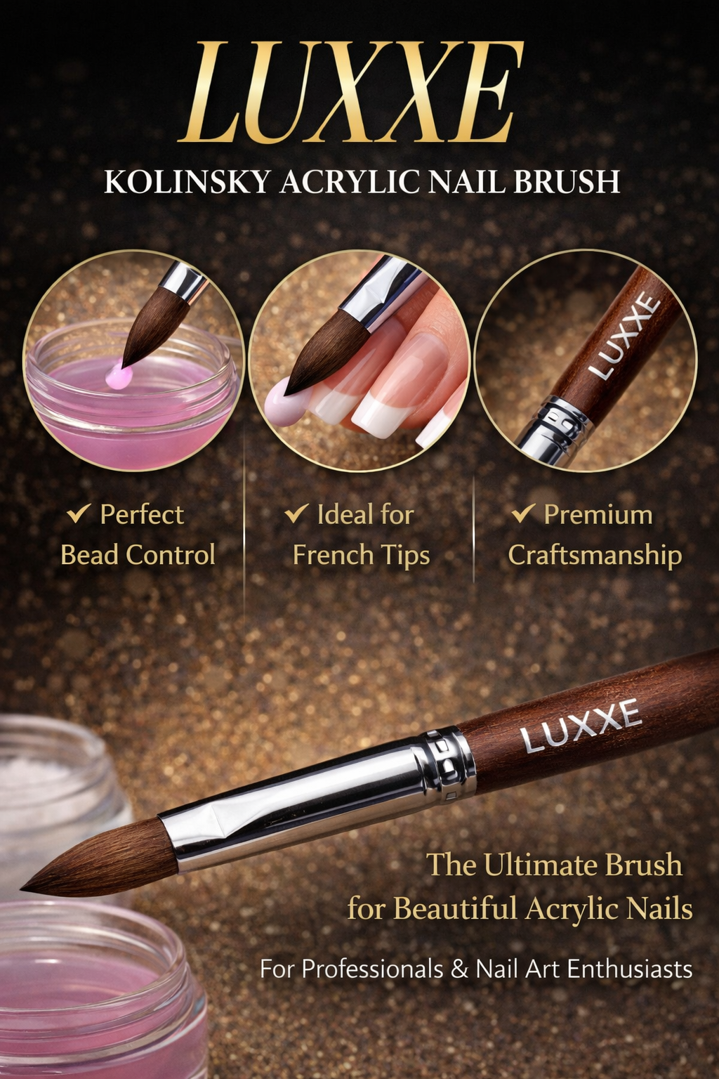 Luxxe 100% Kolinsky Acrylic Nail Brush Premium Precision Non-Crimped or Crimped