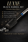 LUXXE Black Barrel Carbide Nail Drill Bit features a diamond mixed cross cut design for efficient manicure tasks. Made from tungsten carbide, diamond, and stainless steel with a black coating, it ensures durability and precision.