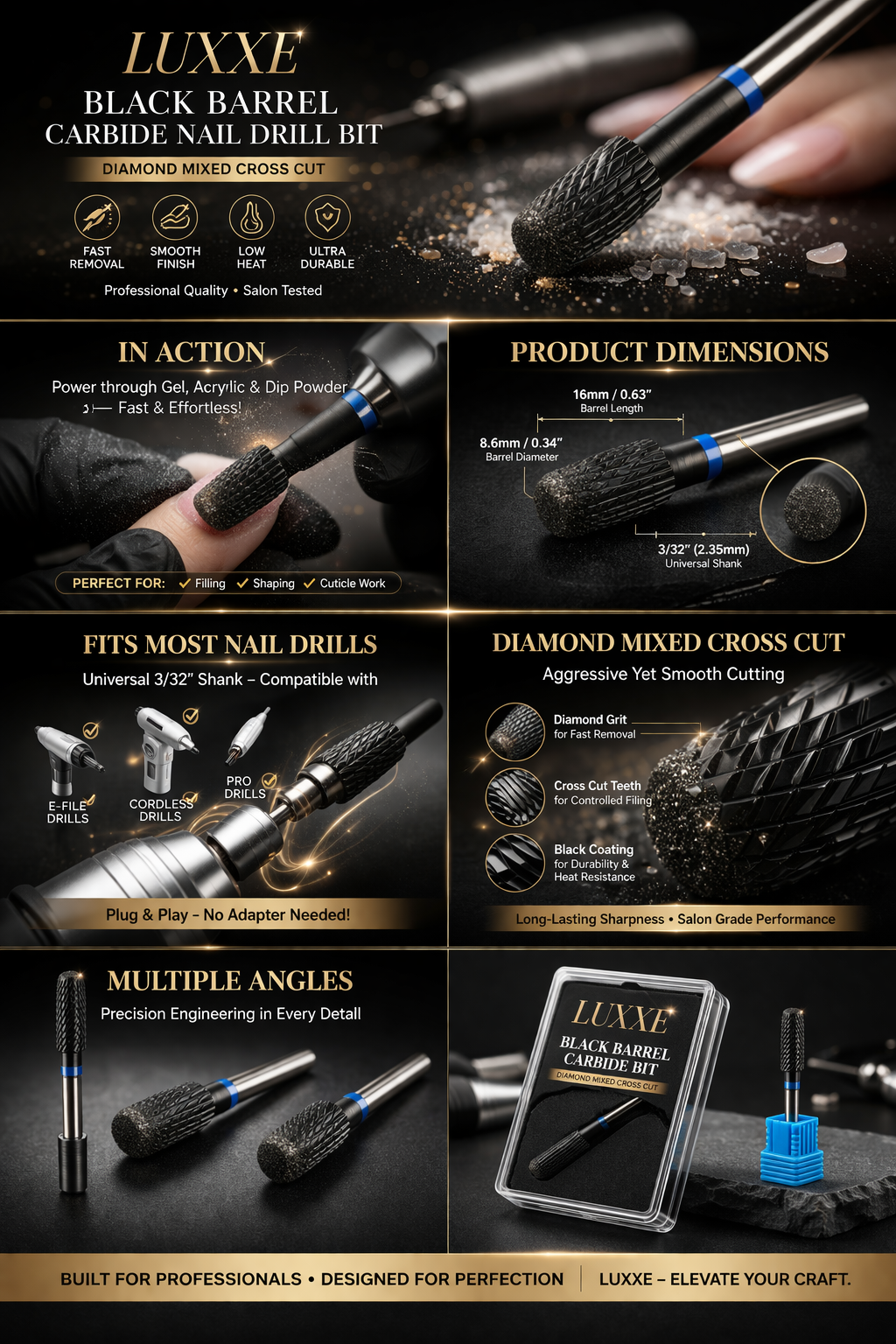 LUXXE Black Barrel Carbide Nail Drill Bit features a diamond mixed cross cut design for efficient manicure tasks. Made from tungsten carbide, diamond, and stainless steel with a black coating, it ensures durability and precision.