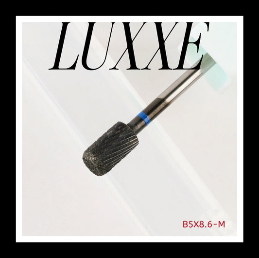 LUXXE Black Barrel Carbide Nail Drill Bit features a diamond mixed cross cut design for efficient manicure tasks. Made from tungsten carbide, diamond, and stainless steel with a black coating, it ensures durability and precision.